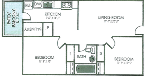 Floor plan for 2 beds, 1 bath, 864 sqft